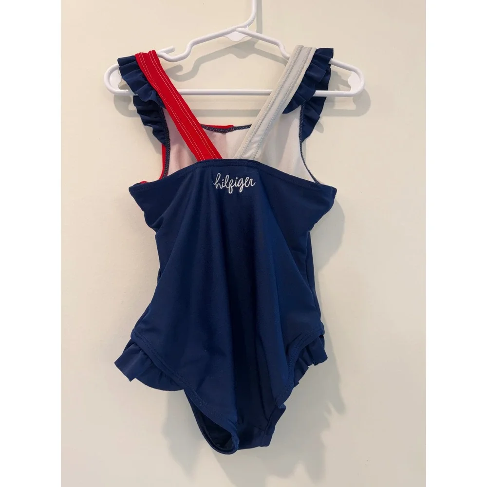 Tommy Hilfiger Girls Size 5 One Piece Swimsuit Ruffle Cutout Blue Red White